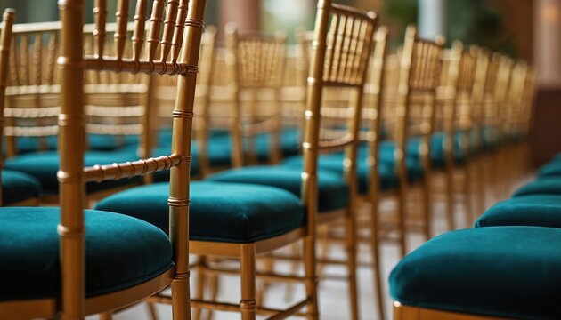 Elegant golden chiavari chairs with turquoise velvet cushions for luxurious event seating. Formal wedding banquet decor, upscale party furniture arrangement. Classic metallic design at stylish