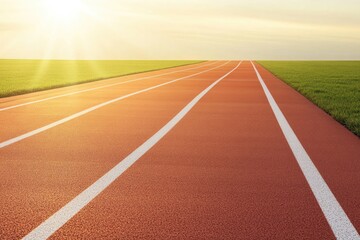 Endless running track stretches into horizon, bathed in warm sun
