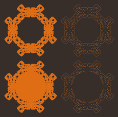 Four ornate lace or doilies with circular element shape. Symmetrical patterns. Intricate details. Orange on brown. Contrasting colors. Decorative. Vintage style. Isolated elements. Flat designs.