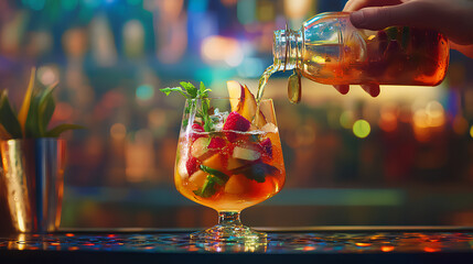 Vibrant Cocktail Being Poured with Fruits and Mint at a Bar