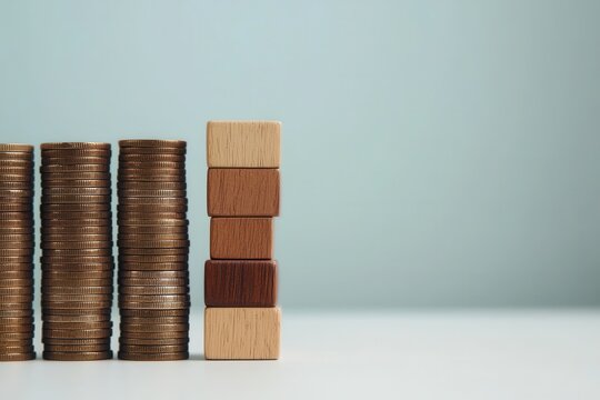 Exploring tax concepts with abstract wooden blocks on coin stacks in a minimalist setting