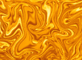 A metallic gold foil texture background featuring a reflective, smooth surface with subtle creases and ripples. The image captures the shiny, high-gloss appearance of golden foil. Fluid swirl texture.