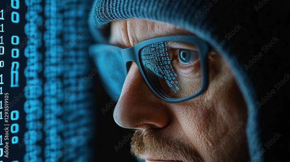 Poster close-up of focused programmer analyzing code with digital display and reflections in glasses, cyber
