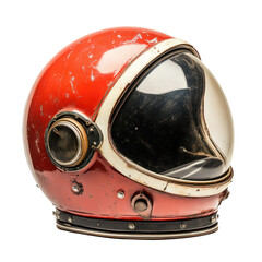 An old, worn-out red space helmet with a scratched visor and metallic details, showcasing a retro astronaut design, isolated on a transparent background.  
