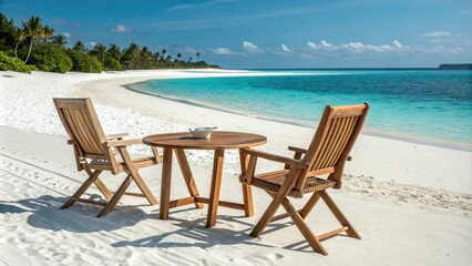 Wooden beach furniture set against a stunning backdrop of clear blue water and white sandy beaches, warm tones, beach decor, nautical theme