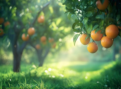 A vibrant orange grove with lush green grass, full of ripe oranges hanging from the branches. The background is blurred to emphasize the foreground