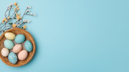 Colorful Easter Eggs in Basket on Blue Background with Flowers