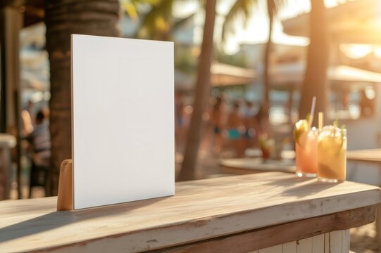 Blank sign displaying on wooden countertop at beach bar restaurant during sunset
