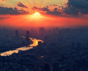 Naklejka premium Cityscape sunset, river, buildings, orange sky
