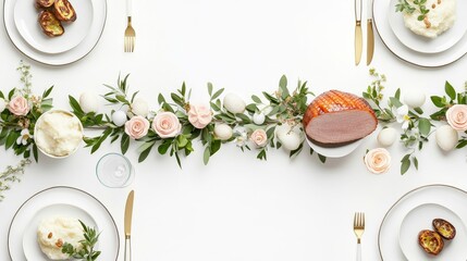 Elegant Table Setting with Ham, Flowers, and Delicate Decor