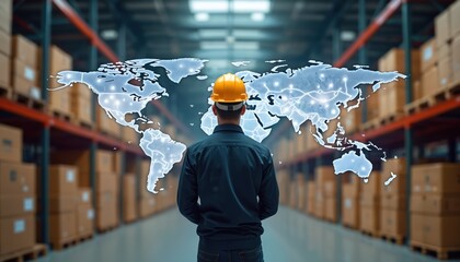 Engineer in warehouse oversees global supply chain, logistics, distribution. Strategic planning for efficient international operations. Freight forwarding, inventory optimization, cross-border trade,