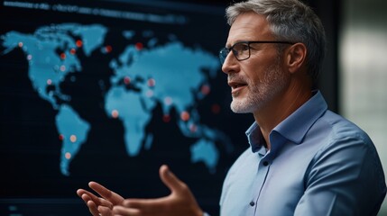Professional senior man discussing global data insights in a modern office environment with digital map display in background highlighting key locations