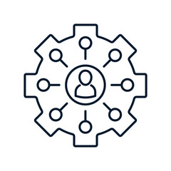 Man, gear, circles. Concept multifunctional employee. Vector linear icon isolated on white background.