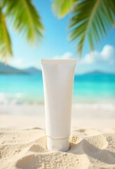 minimalist white plastic tube for cream, sunscreen, shampoo, balm or toothpaste on sandy beach with blurred palm trees and sea background