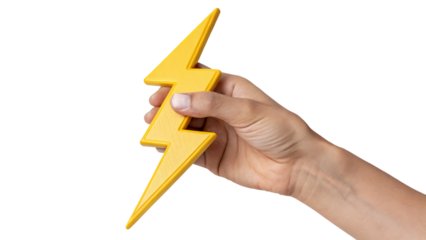 hand holding a yellow thunder symbol isolated on white
