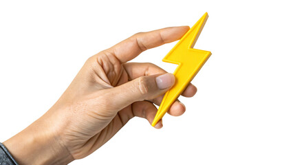 hand holding a yellow thunder symbol isolated on white
