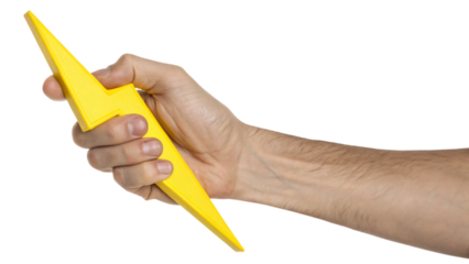 hand holding a yellow thunder symbol isolated on white