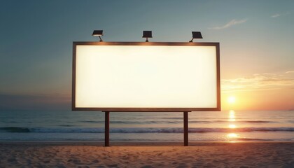 Empty ad hoarding stands on beach at sunset. A billboard with blank space for advertising on sea coast sand during evening twilight. Natural beauty meets promotion, vacation destination.