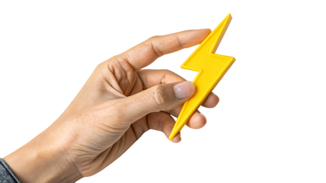 hand holding a yellow thunder symbol isolated on white