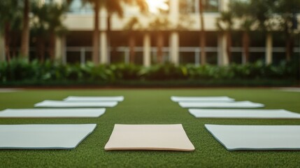Yoga mats arranged on grass, illuminated by warm sunlight, creat