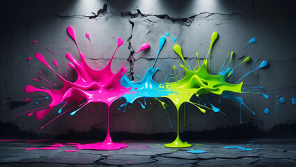 Fototapeta premium Explosive graffiti paint splash in neon over concrete