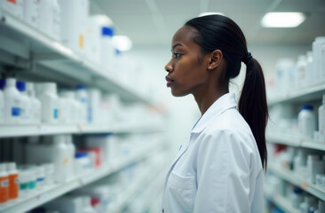 Fototapeta premium Young black female pharmacist in medical clothes looks at medicine shelves.