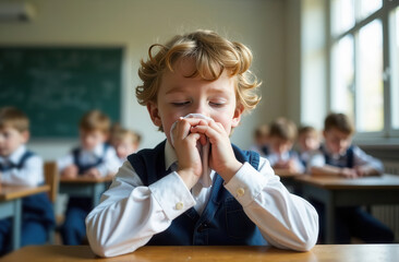 Cute curly boy in school uniform blows his nose into a handkerchief.
