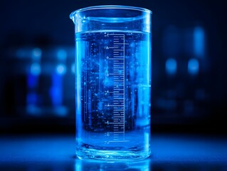 Clear beaker filled with blue liquid on a laboratory table with blurred scientific equipment in background