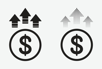Set of dollar increase or growth vector icons in isolated flat line style. Dollar increase symbol. Vector illustration