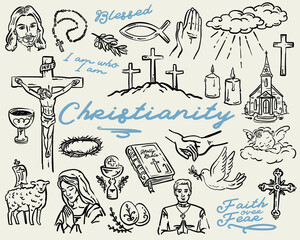 Christian, Catholic Hand Drawn Whimsical Set of vector illustrations, 