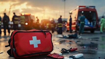Emergency Response Scene at Disaster Site with First Aid Kit and Medical Personnel in Background