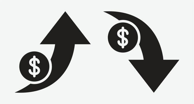 Dollar increase and decrease vector icon in isolated flat silhouette style. Symbol of increasing and decreasing dollar. Vector illustration