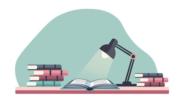 Office table with a desk lamp and a stack of books neatly arranged. The scene represents a workspace or study area. A flat design illustration animation