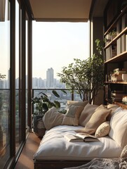 Fototapeta premium Balcony with a bookcase and city view and cozy cushions