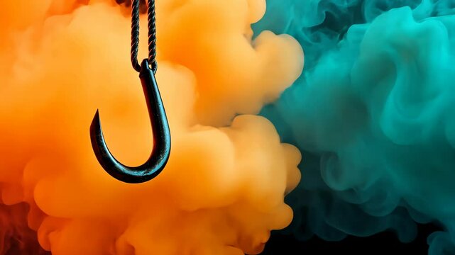 A dramatic image of a fishing hook suspended in colorful smoke, creating a striking contrast between orange and teal hues.