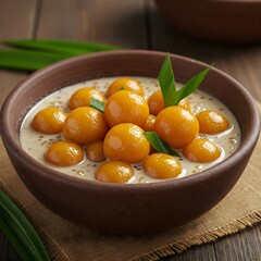 Kolak biji salak ubi kuning, an Indonesian dessert made from sweet potatoes and tapioka flour which are shaped into rounds, then boiled.