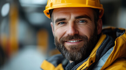 A confident construction worker beams, radiating pride in his craft against a blurred industrial backdrop bathed in soft, natural light.