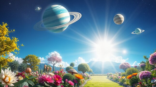 Vibrant alien landscape with flowers and planets under bright sun, fantasy world, copy space