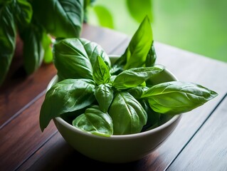 Obraz premium Fresh Green Basil Leaves ingredients organic plant culinary herbs