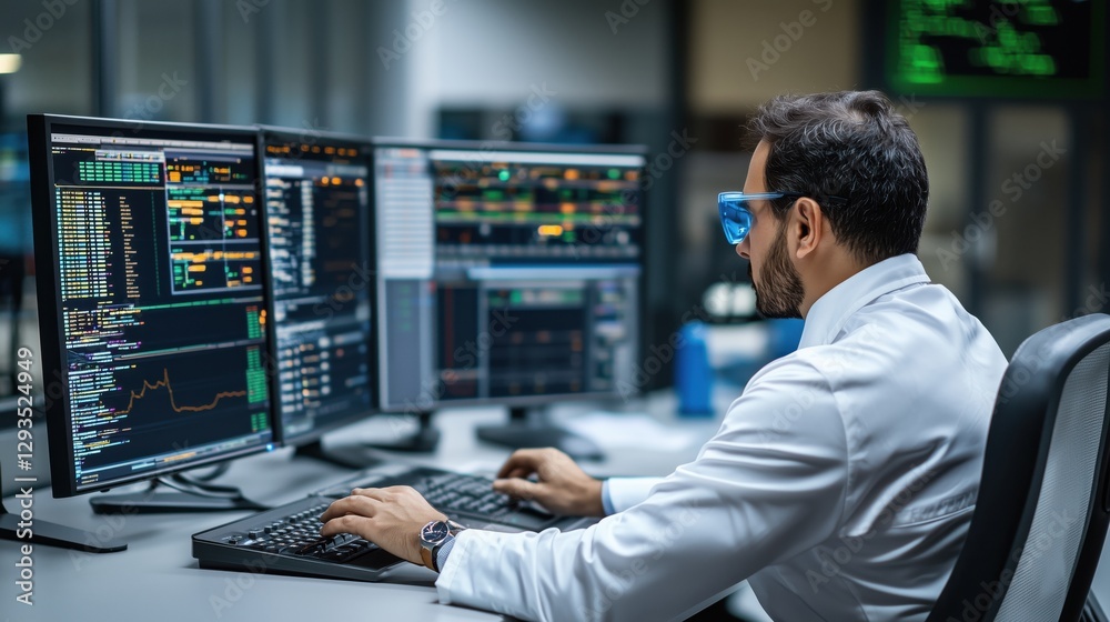 Poster high-speed train concept in a modern control room with engineer analyzing data and using advanced te