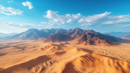 Naklejka premium A stunning desert vista under a vibrant azure sky dotted with fluffy white clouds. Sunlight casts golden hues over endless dunes, creating an enchanting play of light and shadow in this serene expanse