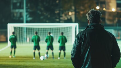 Fototapeta premium Night Football: Coach Observing Penalty Kick