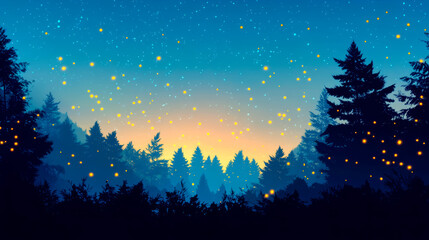 Naklejka premium Glowing Fireflies Scattered Over a Twilight Forest Scene