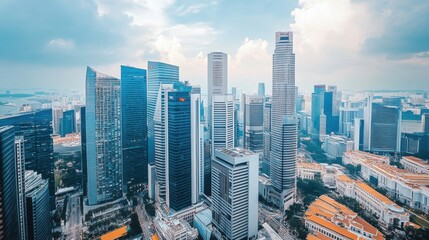Obraz premium Aerial View of Modern Urban Skyline in Singapore with Skyscrapers and Cityscape Under Partly Cloudy Sky