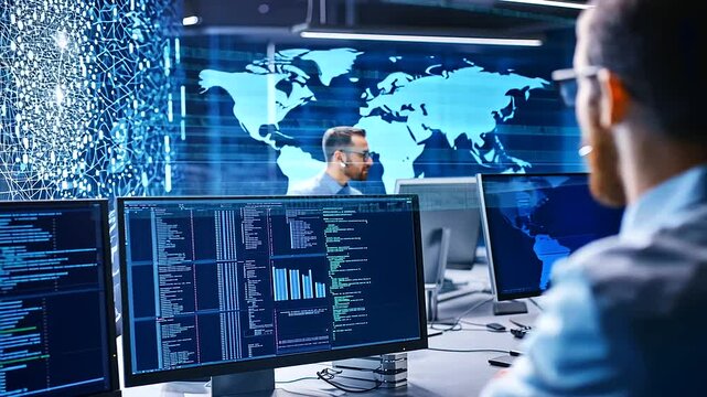 Tech Professionals Collaborating in a Blockchain Control Room