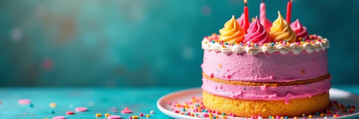 A vibrant multi-layer birthday cake with swirls of frosting and sprinkles, treat, bakery