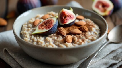 Fototapeta premium Delicious bowl of oatmeal topped with fresh figs and almonds for a healthy breakfast