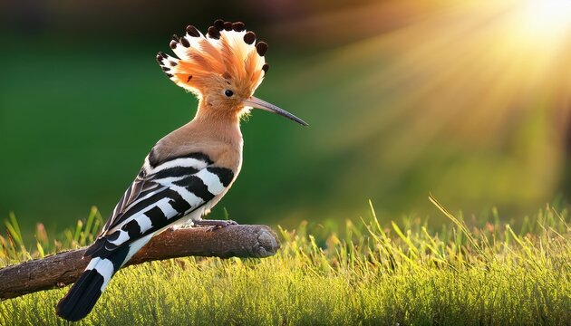 Eurasian Hoopoe in Brown Plumage Striking Black and White Winged Bird with Unique Crest Fascinated by Clover Field at Twilight - Powered by Adobe