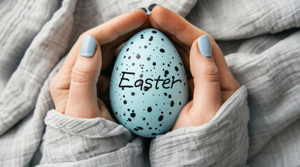 Close-Up of Hands Holding a Speckled Easter Egg, Symbol of Care, Festivity, and Handmade Creativity