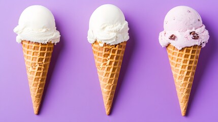 Three Delicious Ice Cream Cones on Purple Background